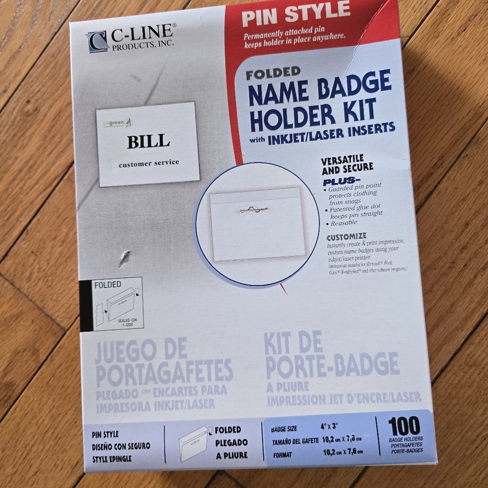 LOT of 5 (500 Pins) C-Line Pin Style Name Badge Holders w/Inserts 3x4 Inches